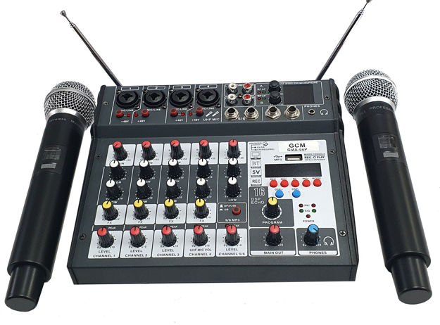 Imagen de CONSOLA MIXER AUDIO 6 CANALES + 2 MICROFONOS INALAMBRICOS