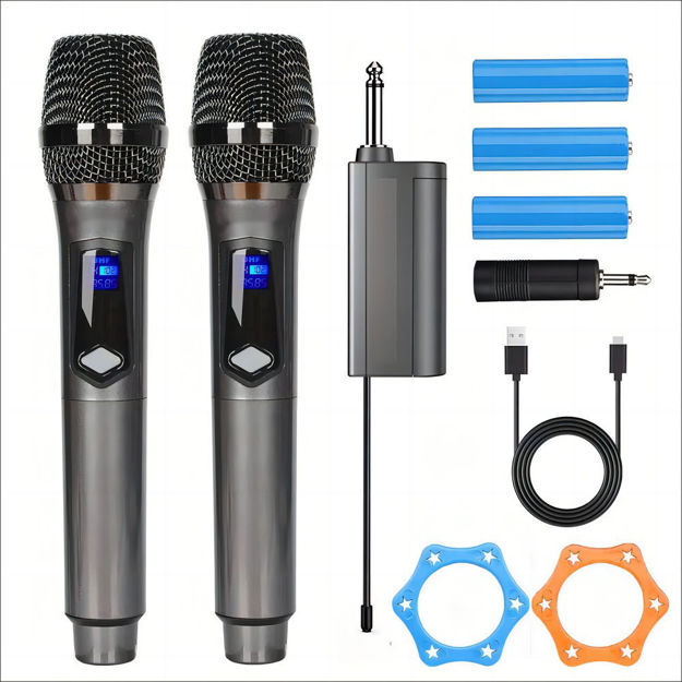 Imagen de MICROFONO INALAMBRICO RECARGABLE DOBLE  DE MANO IDEAL KARAOKE