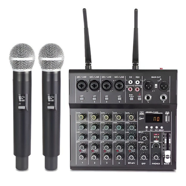 Imagen de CONSOLA MIXER AUDIO 6 CANALES + 2 MICROFONOS INALAMBRICOS